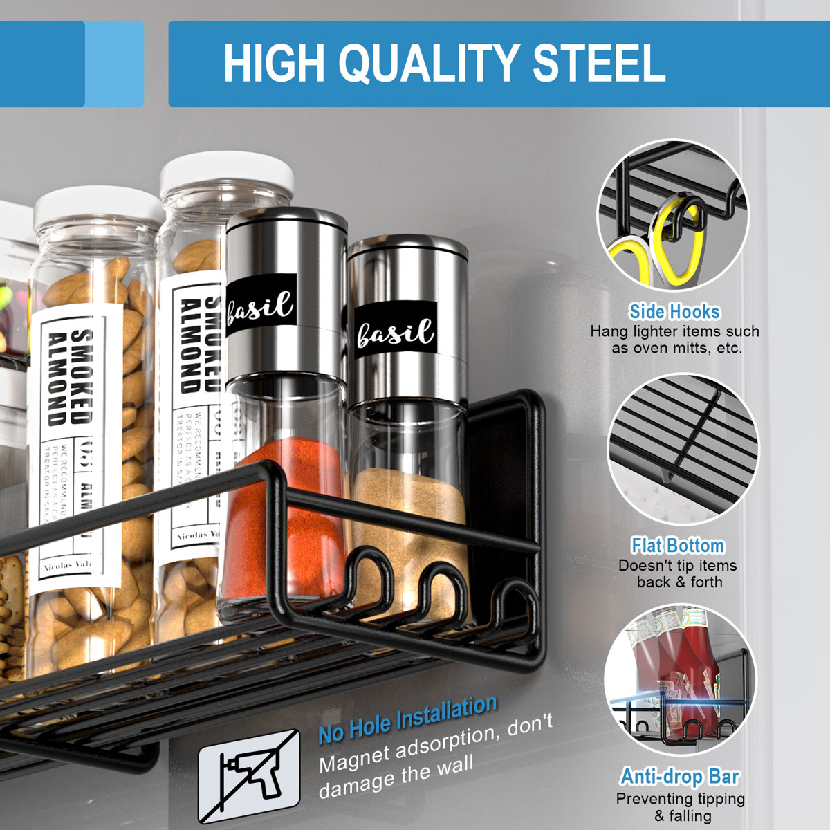 6 Pack Magnetic Fridge Shelf with Hooks, Spice Organizer Shelf for Kitchen Organization and Storage, Seasoning Organizer Gadgets for Metal Surface (Set of 6)